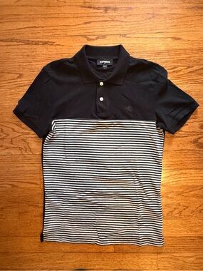 Express Men’s Black Polo with Black & White Striped Body